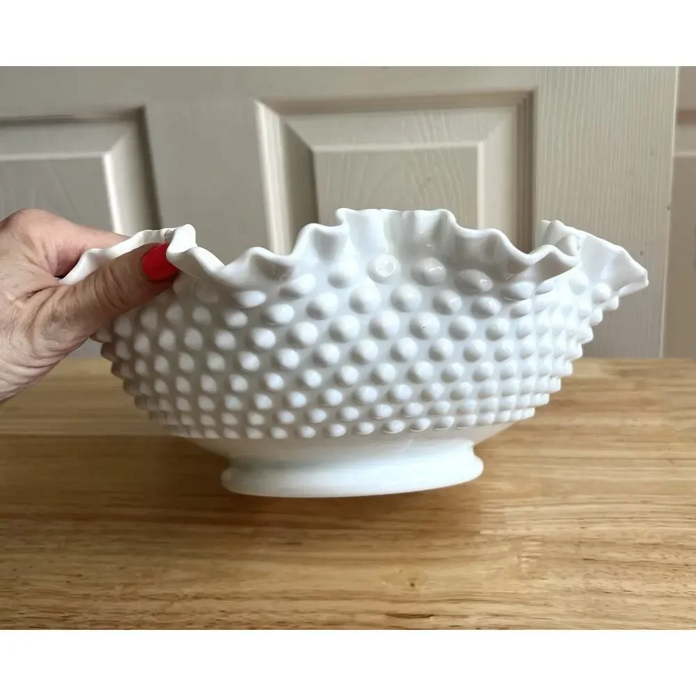 FENTON Vintage Milk Glass Round Hob Nail Double Crimped Ruffle Edge Lg Bowl 11